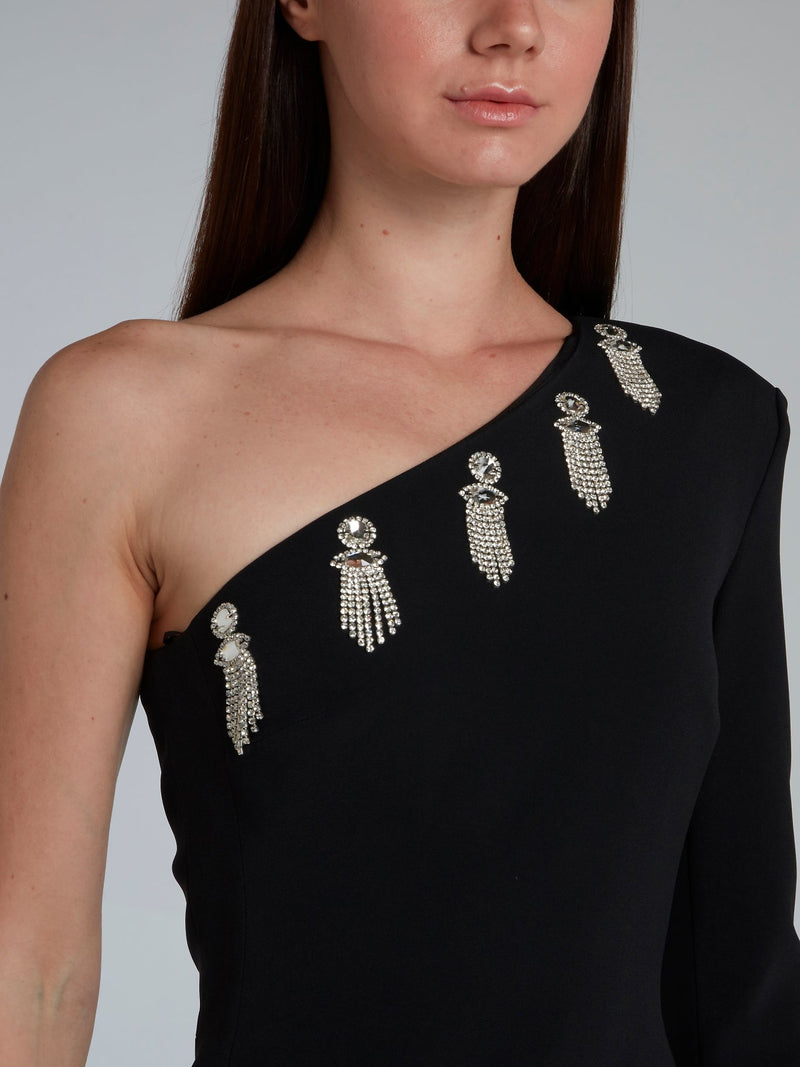 Black Asymmetric Embroidered Mini Dress