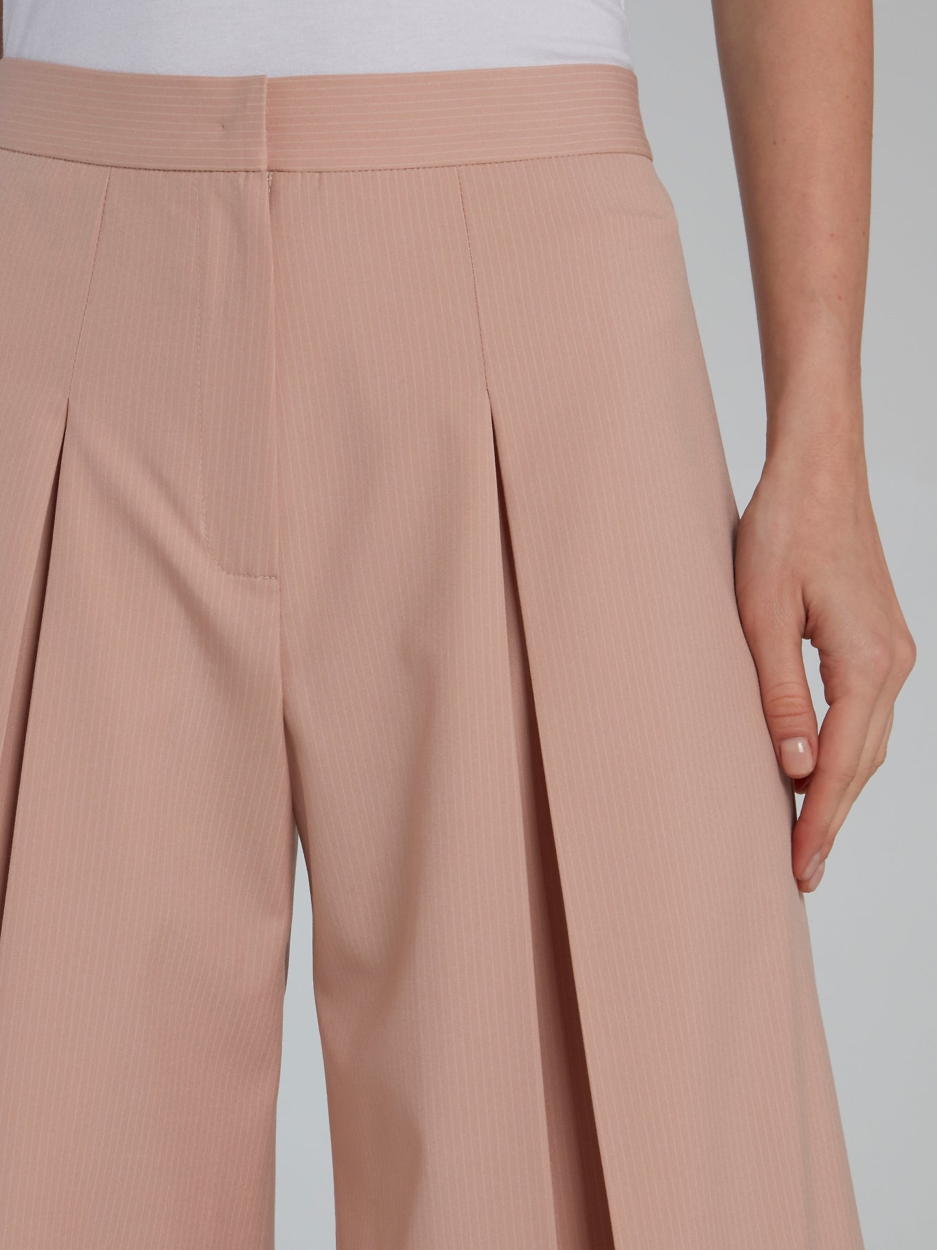 Beige Pleated Pinstripe Culottes