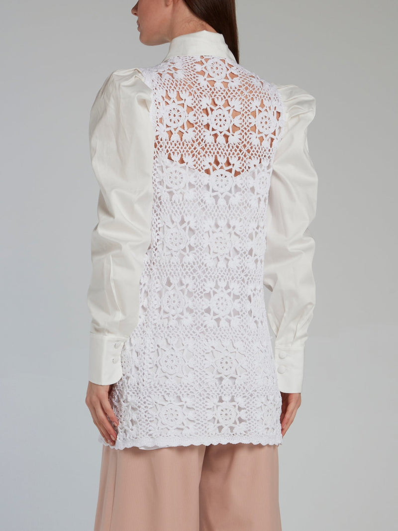 White Crochet Detail Puff Sleeve Shirt