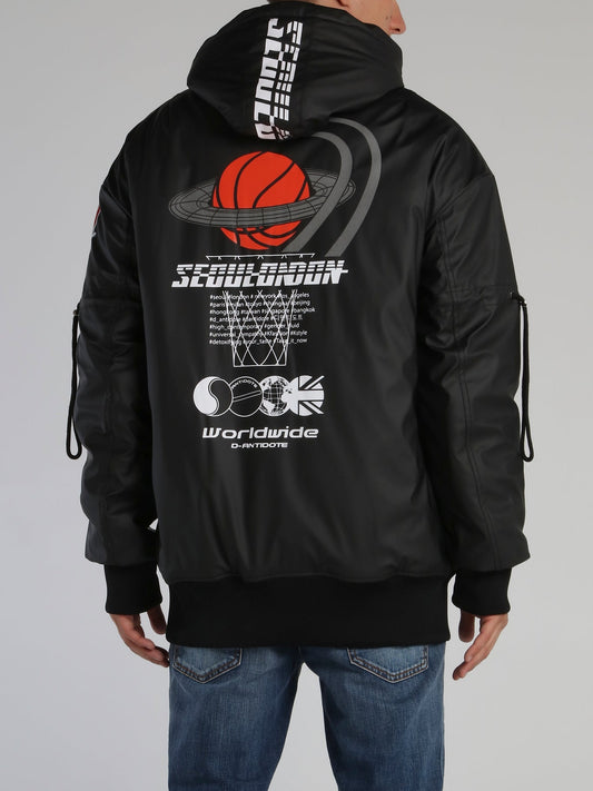 Black Basketball Logo Leather Jacket