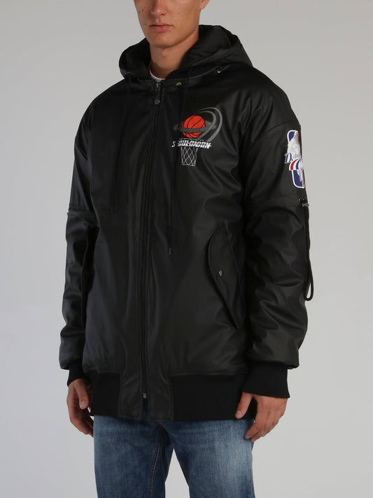 Black Basketball Logo Leather Jacket