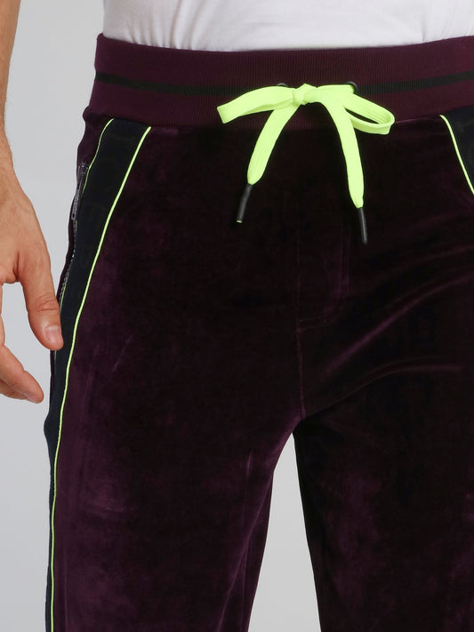 Purple Side Stripe Drawstring Velvet Trousers