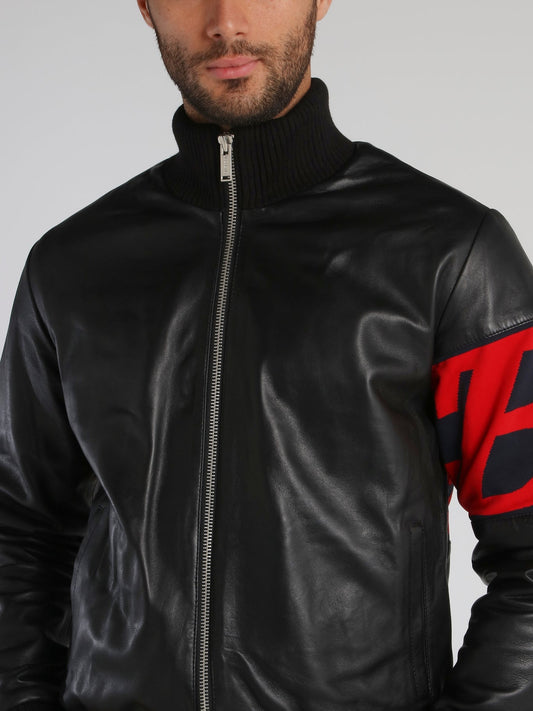 Black Ribbed Trim Leather Jacket