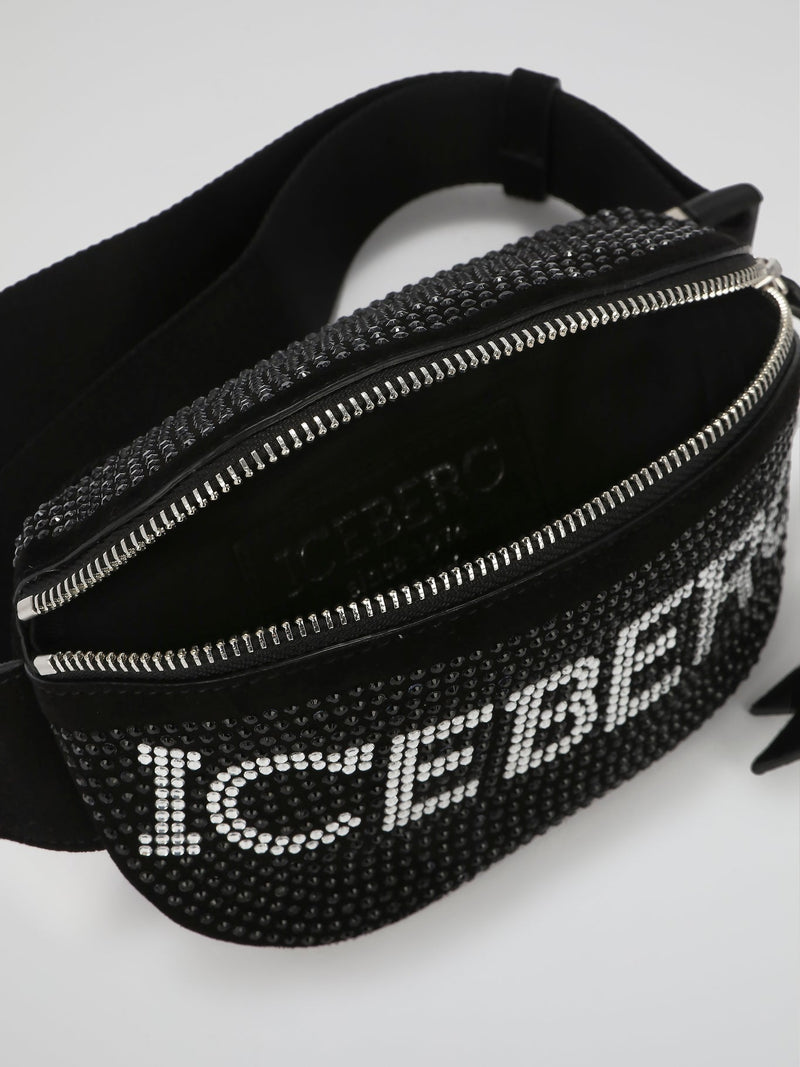 Black Crystal Studded Logo Belt Bag