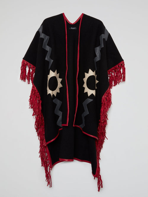 Black Contrast Fringe Hem Poncho