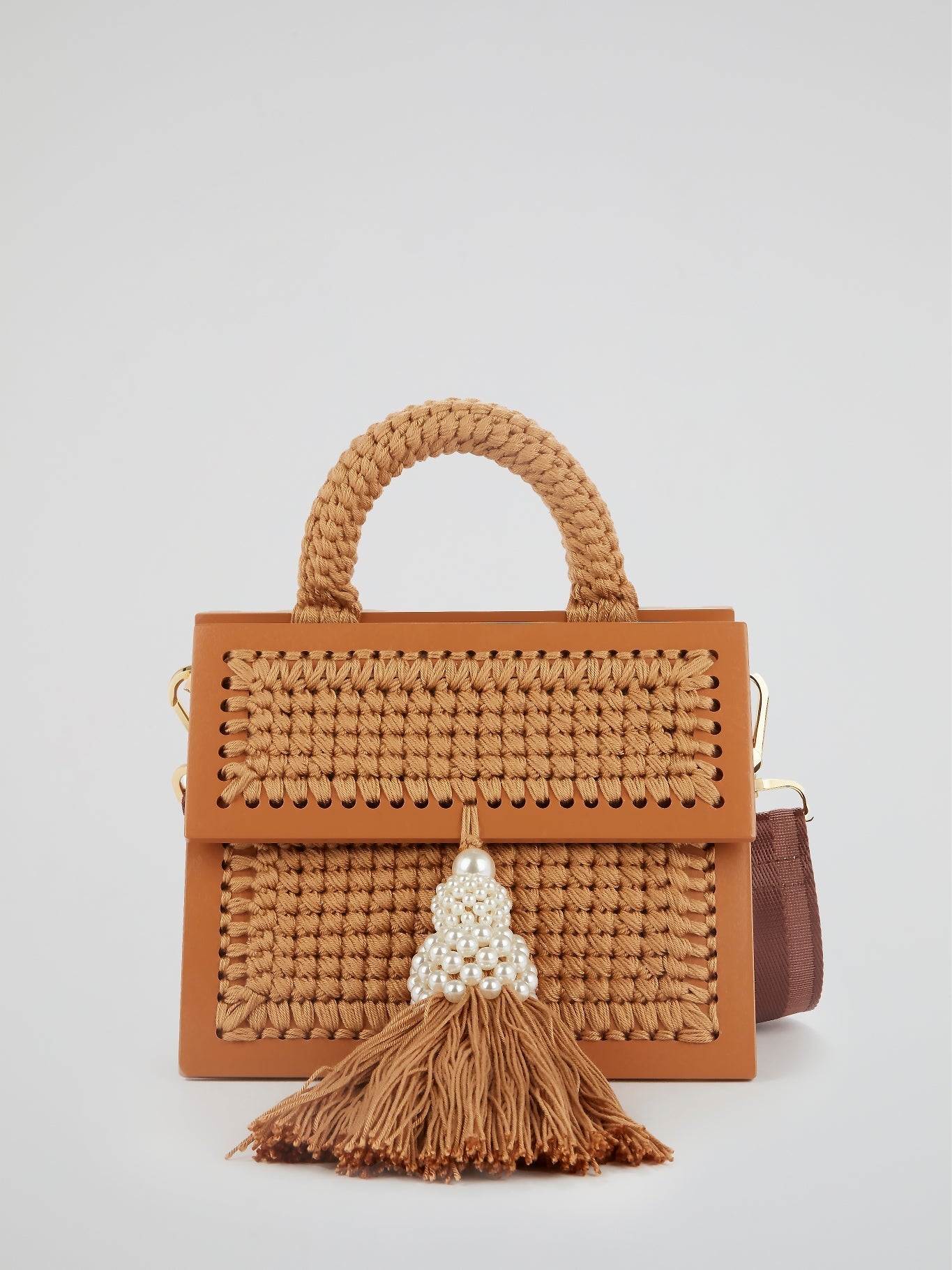 Brown Copa Pearl Embellished Tassel Purse