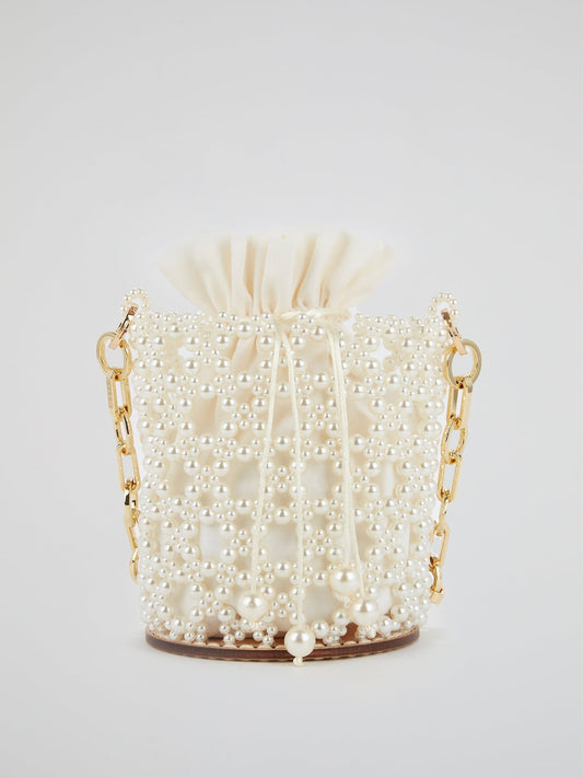 White Pearl Embellished Chain Strap Bucket Bag