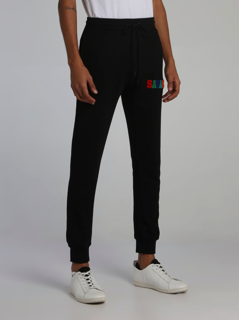 Black Savage Appliquéd Logo Drawstring Active Trousers