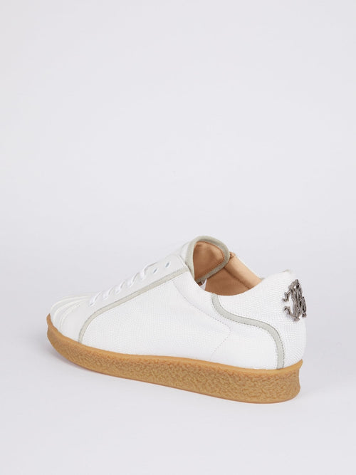 White Textured Leather Rear Logo Sneakers