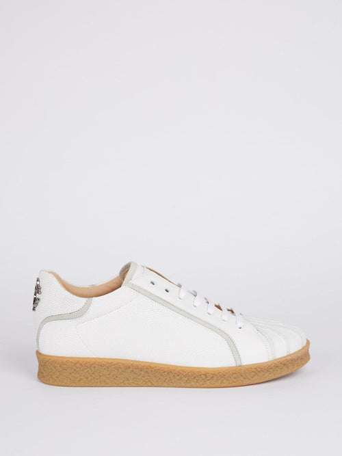 White Textured Leather Rear Logo Sneakers