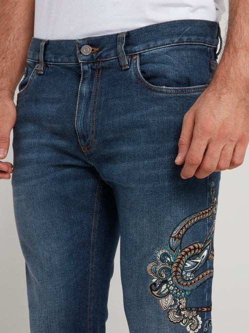 Blue Embroidered Denim Jeans