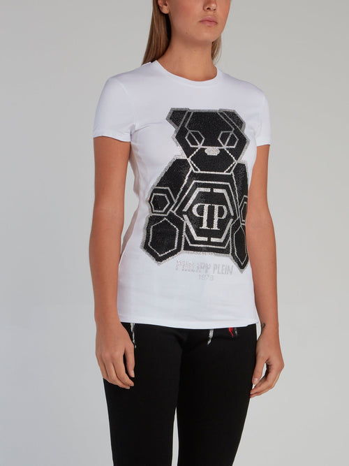 Teddy Bear White Strass Studded T-Shirt