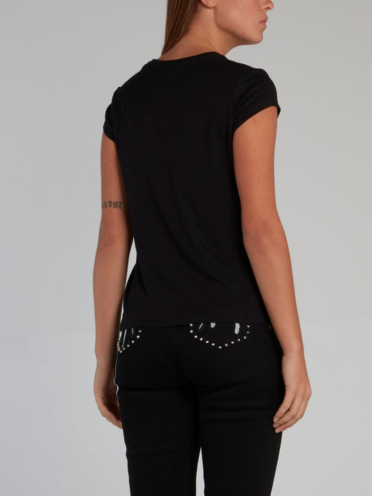 Black Appliquéd Cap Sleeve T-Shirt