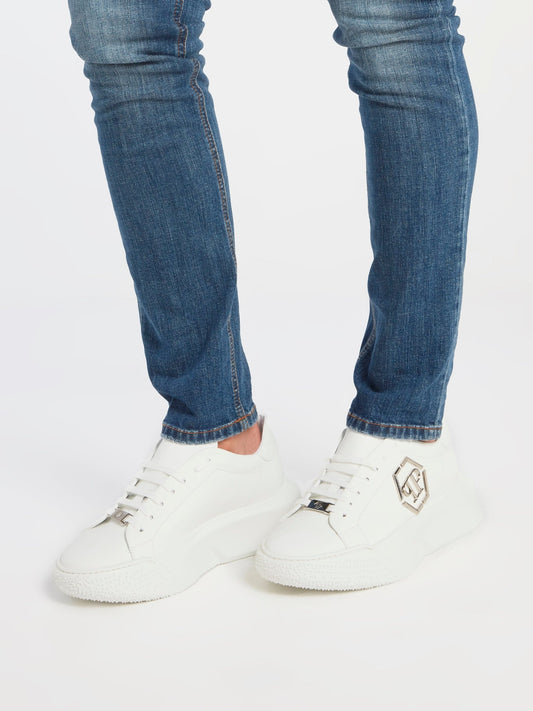 White Monogram Embellished Platform Sneakers