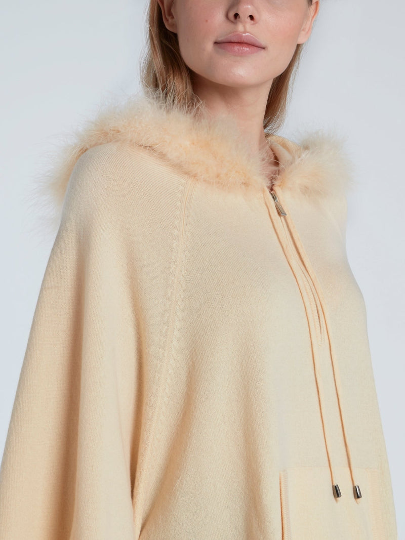 Beige Fur Hood Knit Poncho