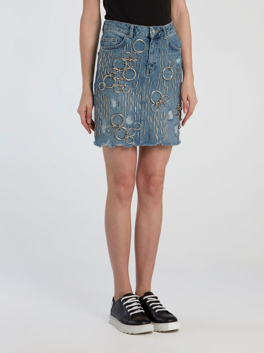 Embellished Frayed Denim Skirt