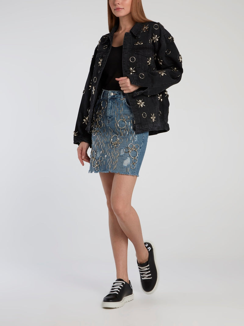 Embellished Frayed Denim Skirt