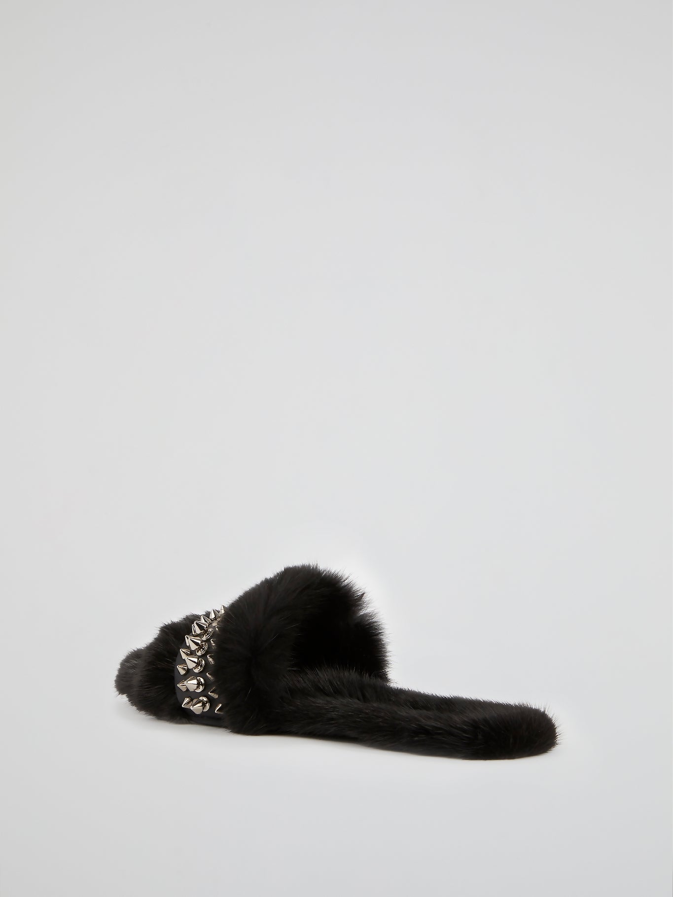 Black Spike Studded Fur Slippers