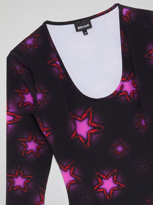 Purple Star Print Scoop Neck Dress