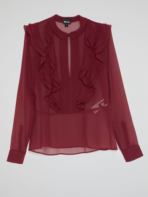 Burgundy Frill Bib Mesh Blouse