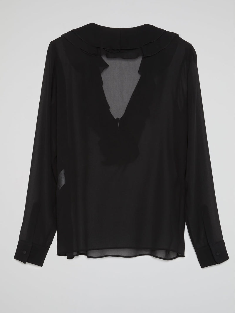 Black Frill Detail Sheer Mesh Blouse