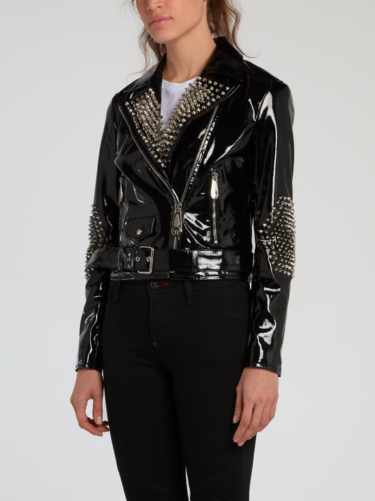 Black Spike Studded Patent Leather Jacket