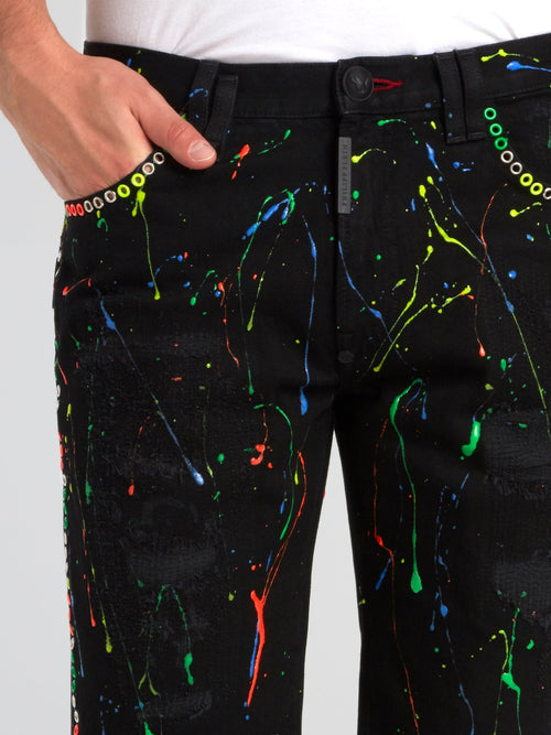 Black Paint Splatter Distressed Bermudas