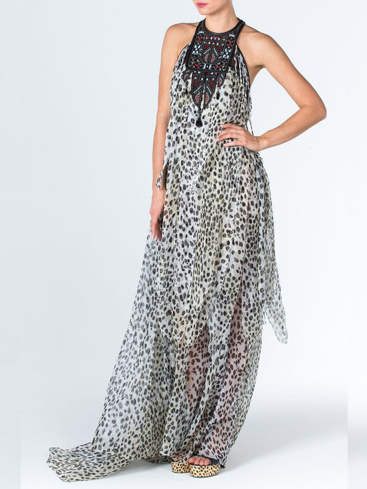 Halter Neck Animal Print Chiffon Dress