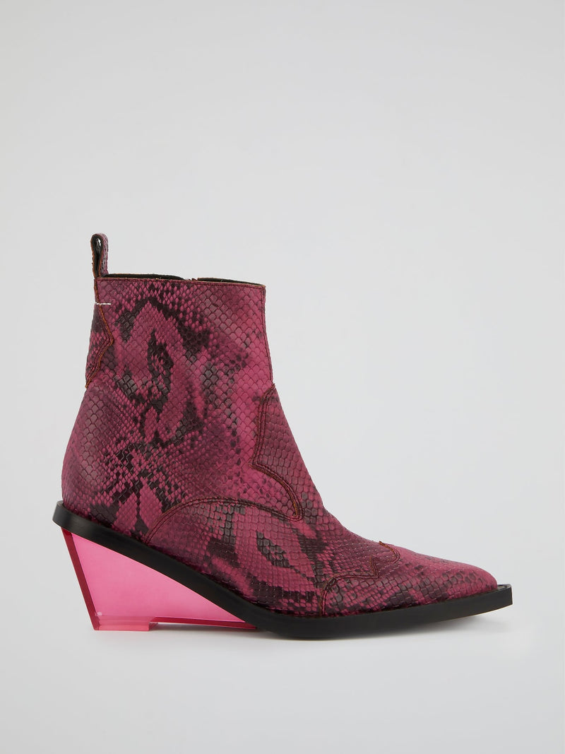 Pink Snake Effect Leather  Boots