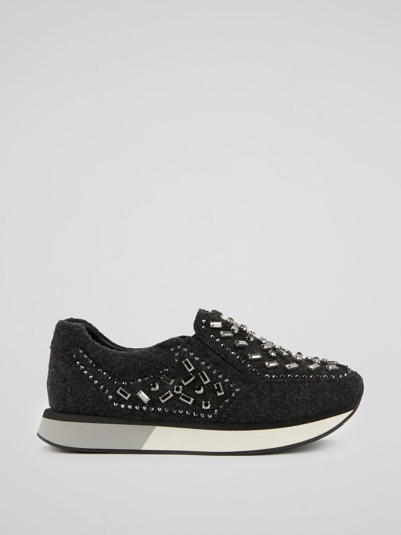 Black Merino Wool Crystal Sneakers