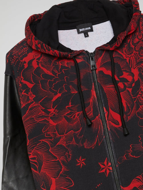 Floral Leather Sleeve Hooded Sweatshirt