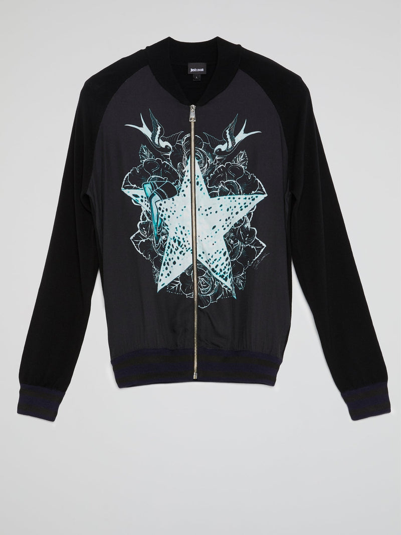 Black Printed Zip Up Sweatshirt