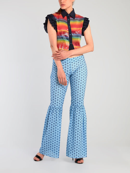 Blue Embroidered Flared Trousers