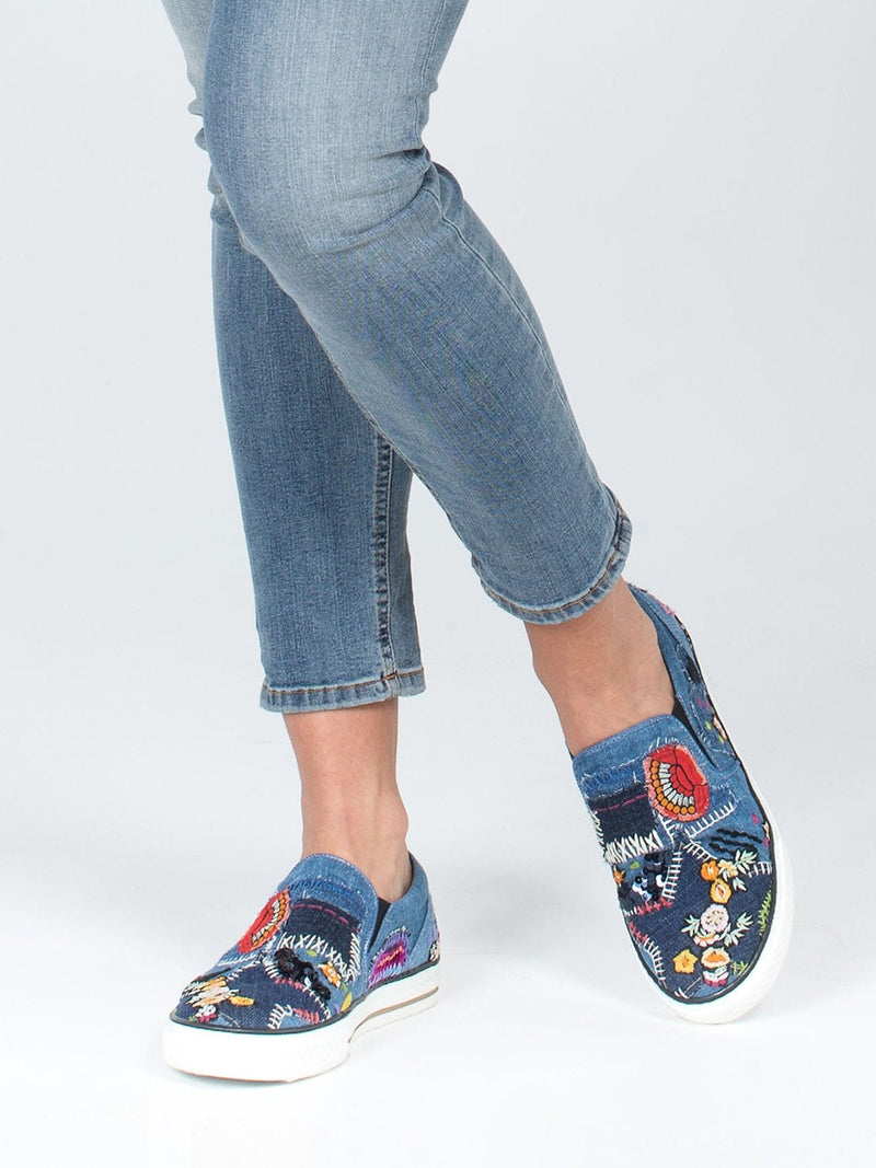 Embroidered Slip On Denim Sneakers