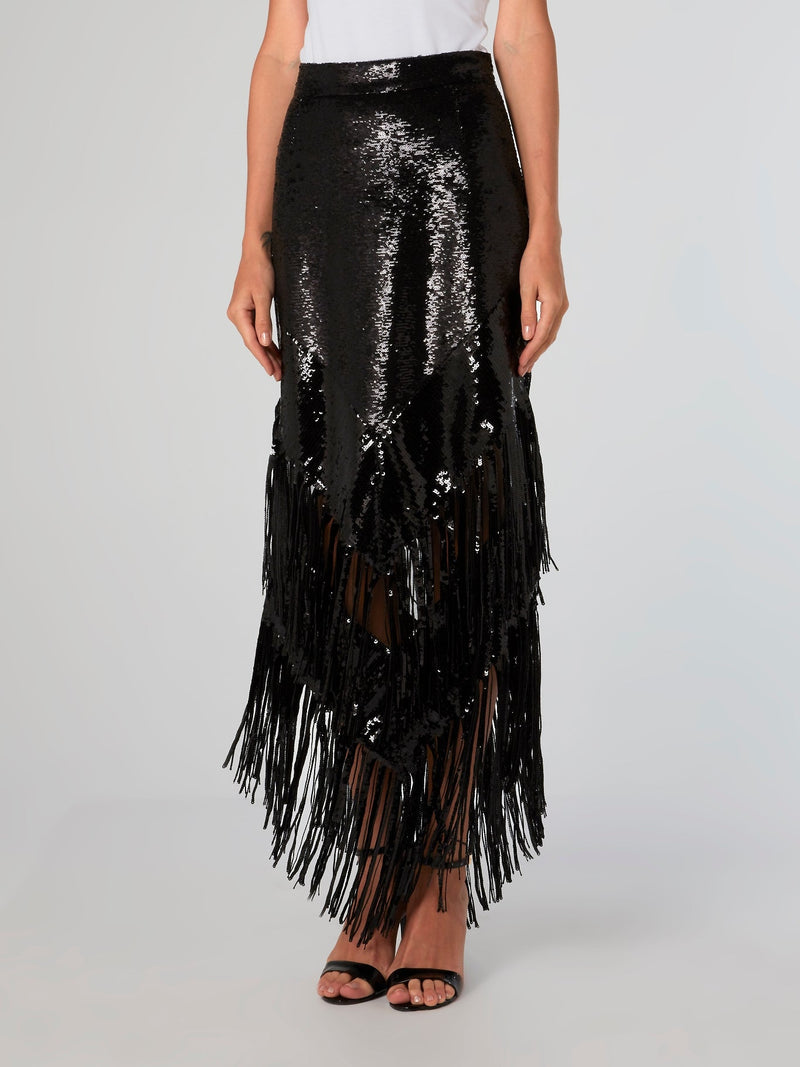 Black Fringe Hem Sequin Skirt