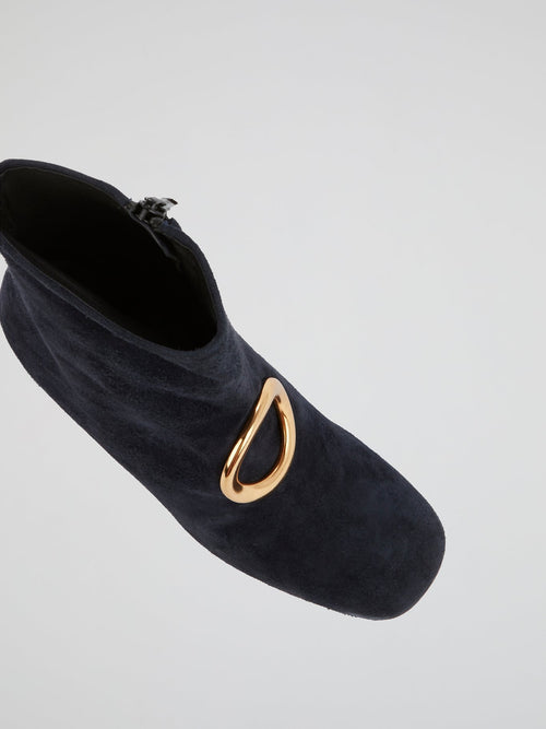 Navy Block-Heel Suede Boots