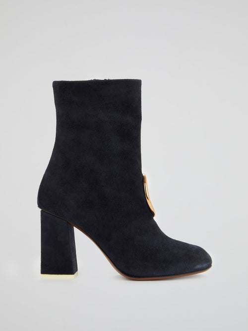 Navy Block-Heel Suede Boots