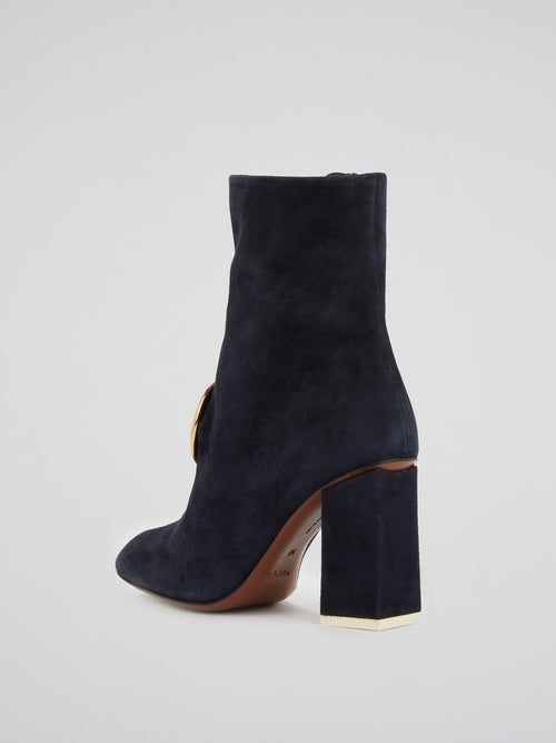 Navy Block-Heel Suede Boots