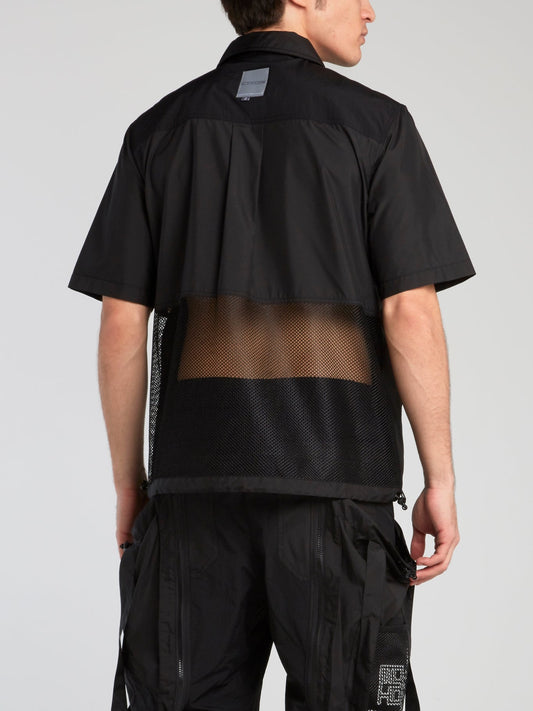 Black Mesh Panel Button Up Shirt