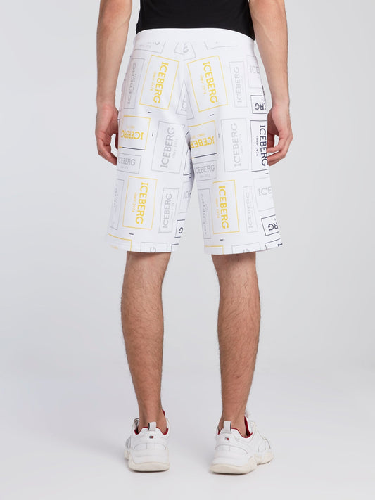 White Logo Print Drawstring Shorts