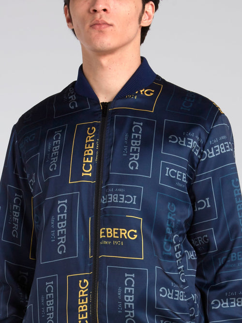 Navy Logo Print Bomber Jacket