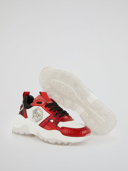 Red Chunky Sole Leather Sneakers