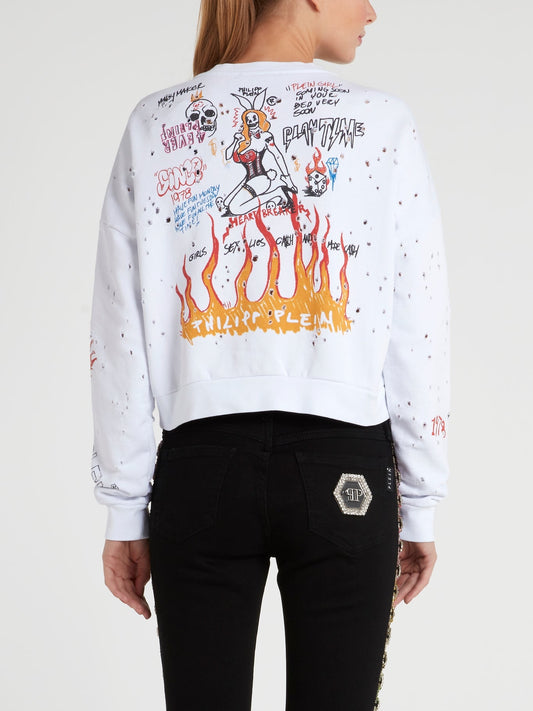 White Distressed Graffiti Sweatshirt