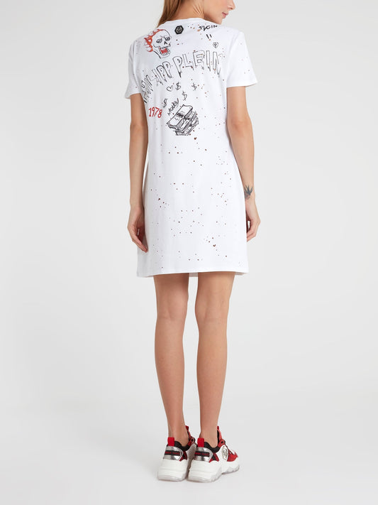 White Distressed Graffiti T-Shirt Dress
