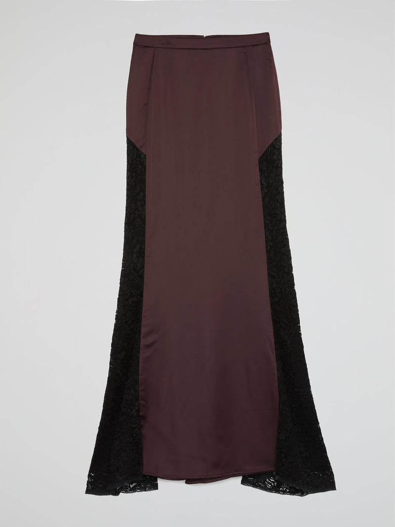 Brown Lace Panel Flared Maxi Skirt