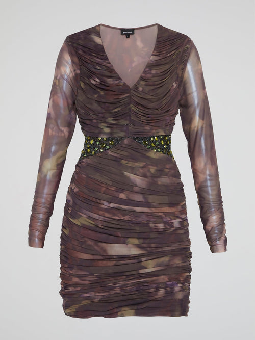 Camo Ruched Long Sleeve Dress