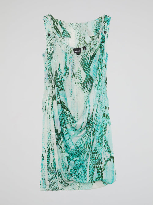 Green Reptile Print Cowl Mini Dress