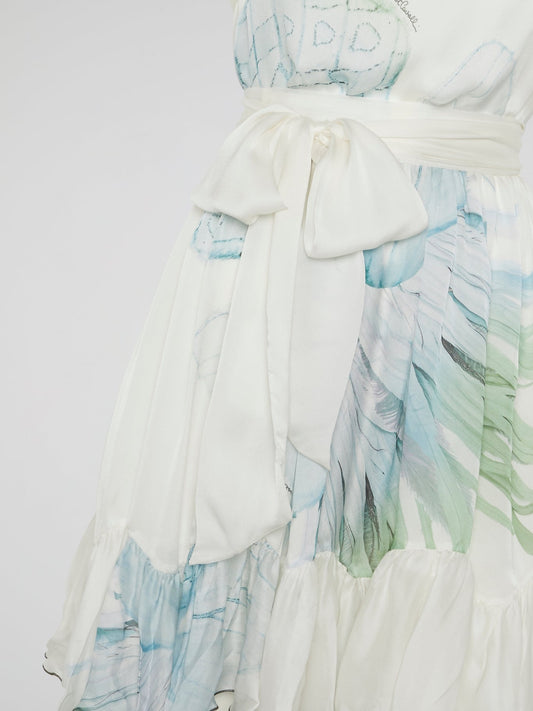 White Printed Frill Hem Dress