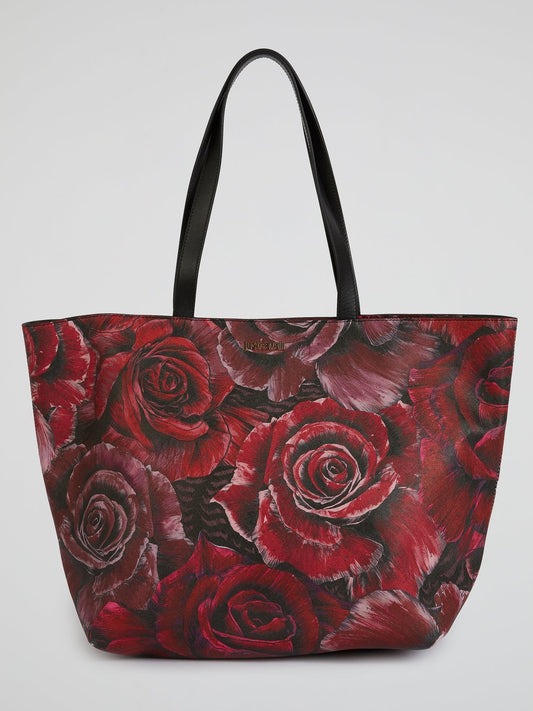 Rose Print Leather Tote Bag