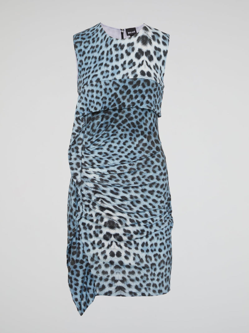 Blue Leopard Print Draped Sleeveless Dress